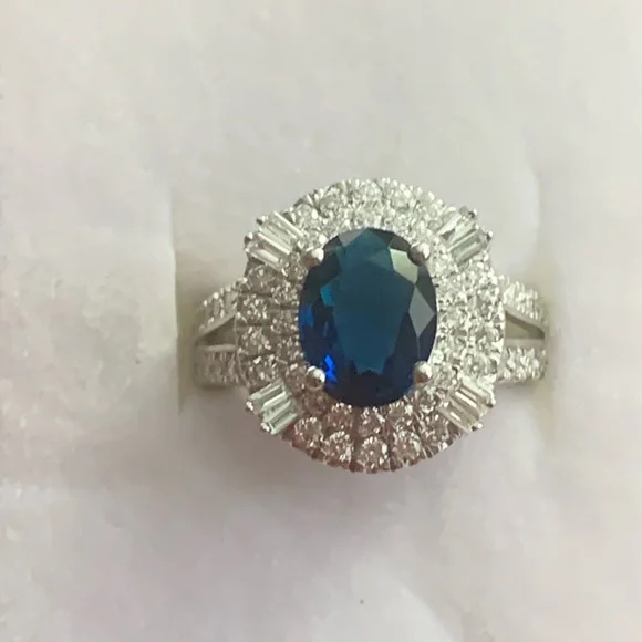2.45 ct Sapphire & Diamond Sterling Size 7 Princess Diana Cocktail Ring - Picture 5 of 11